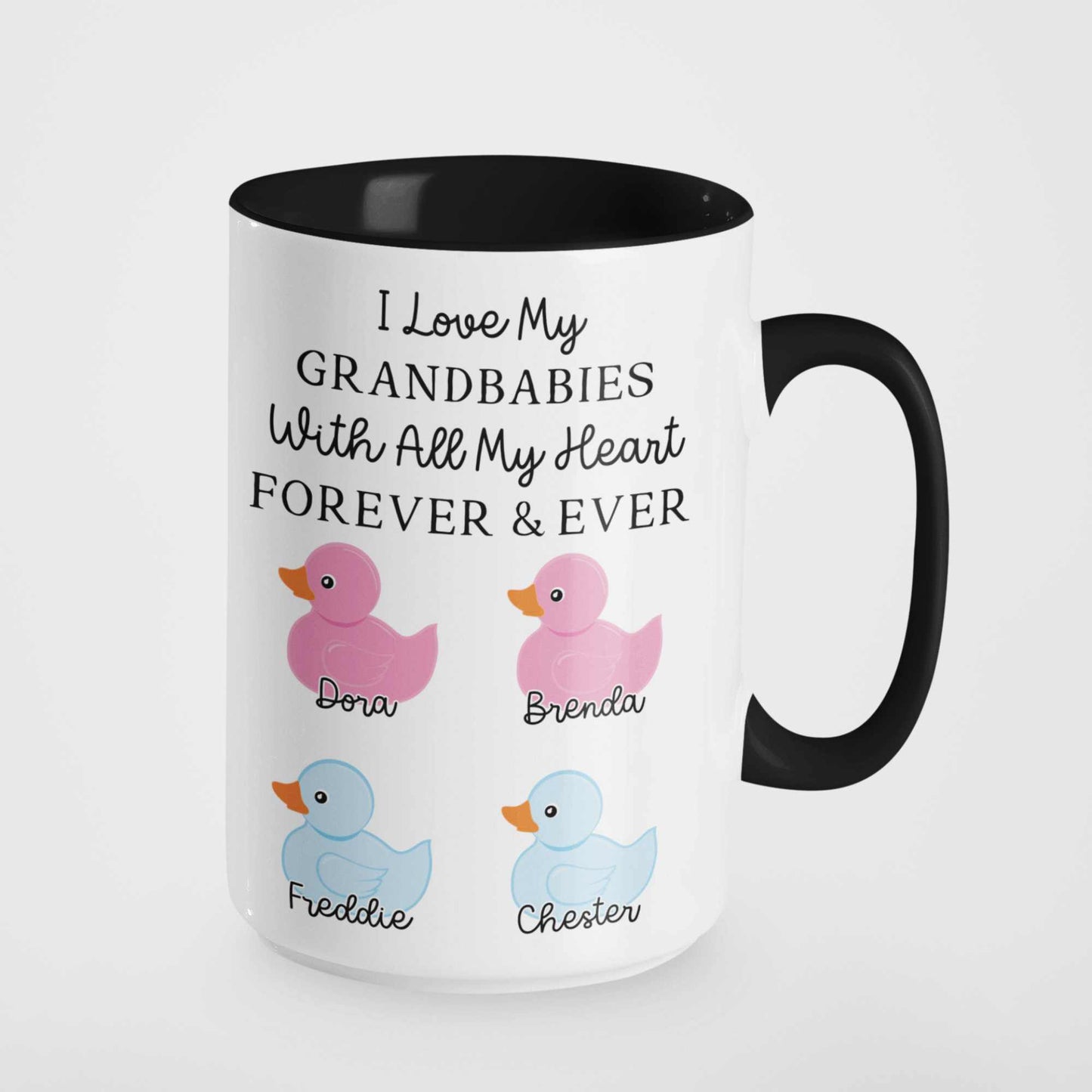 Personalised Grandparent Mug - Customised with Grandchildren's Names and Genders | Unique Duck Gift for Nan, Granny, Grandad | Special Keepsake Mug