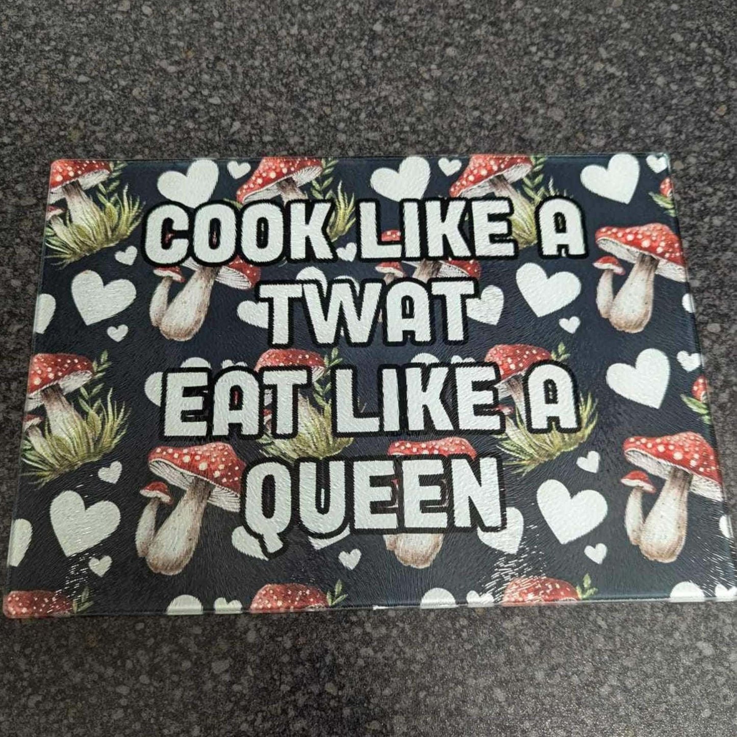 Cook Like a Twat, Eat Like a Queen Chinchilla Textured Glass Chopping Board - Fun Kitchen Décor, Durable 28x20 cm