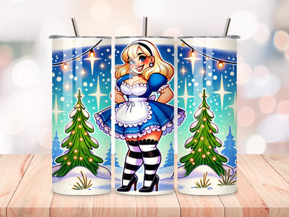 Curvy Plus Size Alice Wonderland Christmas Tumbler - 20oz Insulated Stainless Steel with Reusable Straws - Cheeky Wonderland Winter Vibes