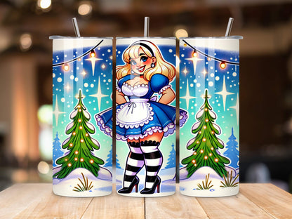 Curvy Plus Size Alice Wonderland Christmas Tumbler - 20oz Insulated Stainless Steel with Reusable Straws - Cheeky Wonderland Winter Vibes