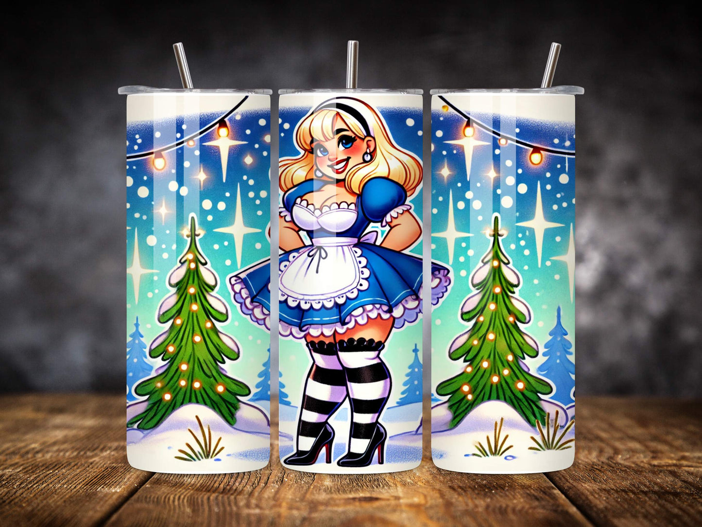 Curvy Plus Size Alice Wonderland Christmas Tumbler - 20oz Insulated Stainless Steel with Reusable Straws - Cheeky Wonderland Winter Vibes