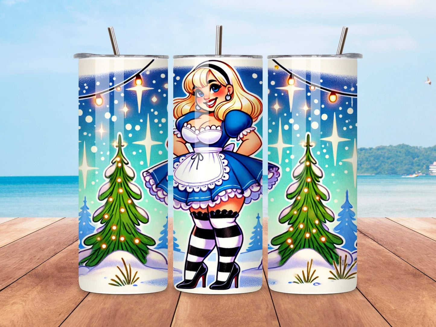 Curvy Plus Size Alice Wonderland Christmas Tumbler - 20oz Insulated Stainless Steel with Reusable Straws - Cheeky Wonderland Winter Vibes