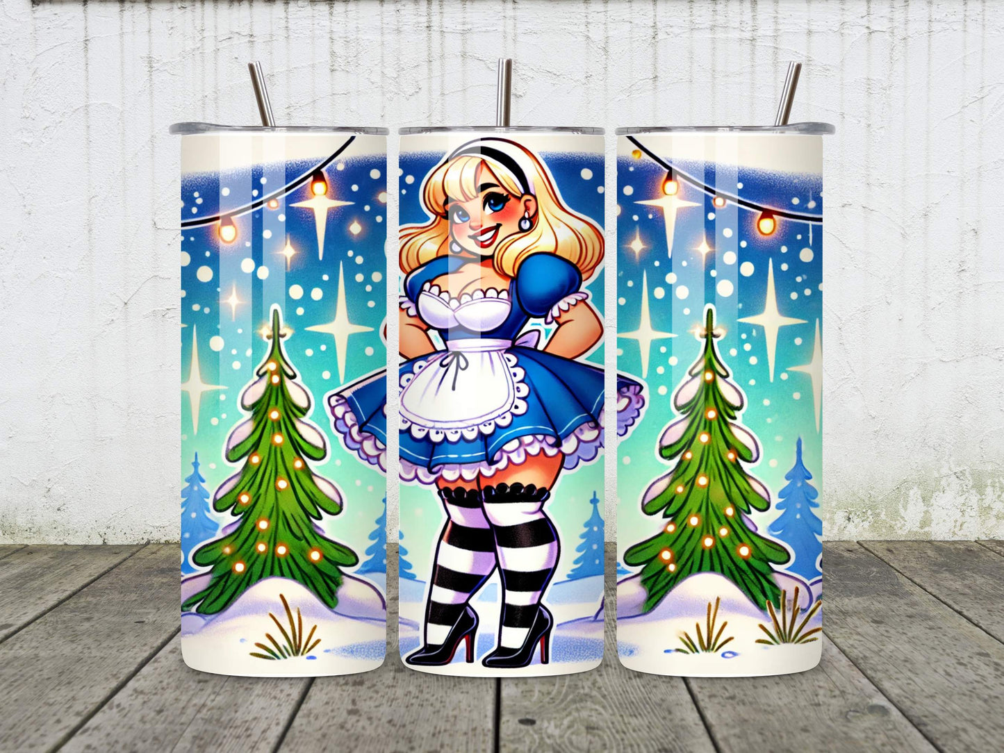 Curvy Plus Size Alice Wonderland Christmas Tumbler - 20oz Insulated Stainless Steel with Reusable Straws - Cheeky Wonderland Winter Vibes