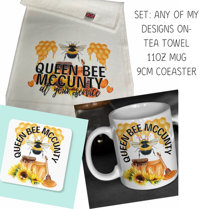 Kitchen set - any of my designs on 1 x tea towel 1 x 11oz mug 1 x 9cm coaster