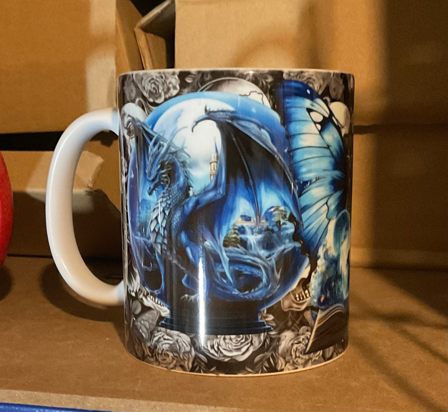 Blue dragon on grey skulls full wrap fairytale mug