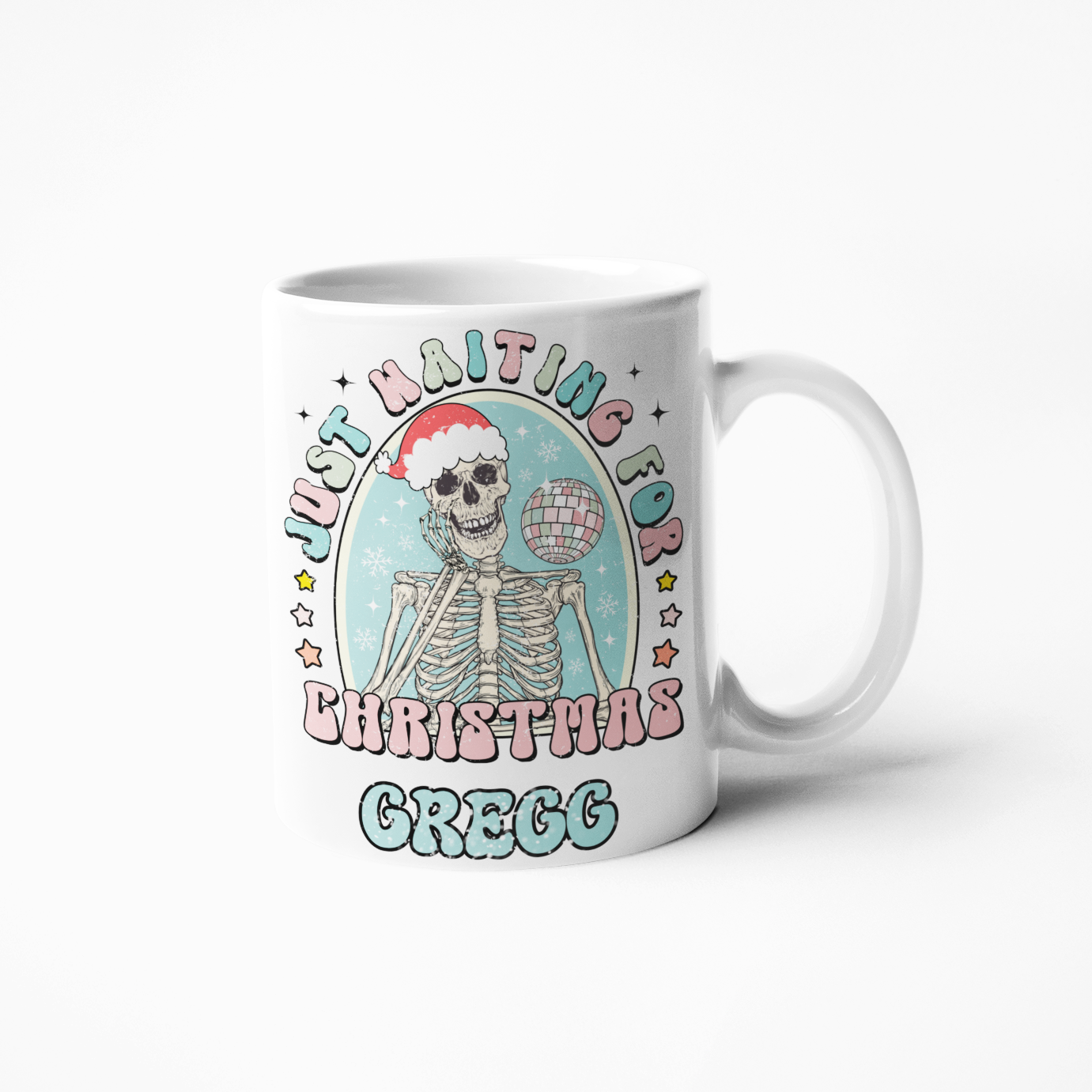 Just waiting for Christmas personalised skeleton coffee mug xmas cup 15oz large or 11oz