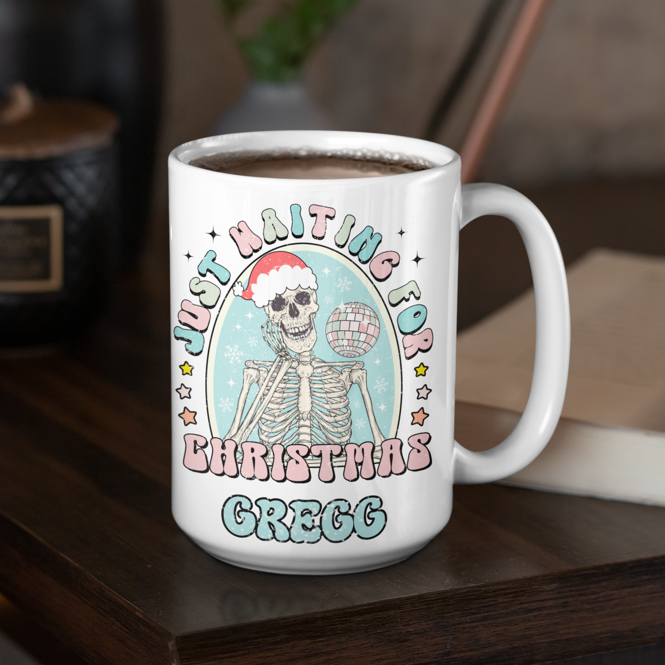 Just waiting for Christmas personalised skeleton coffee mug xmas cup 15oz large or 11oz