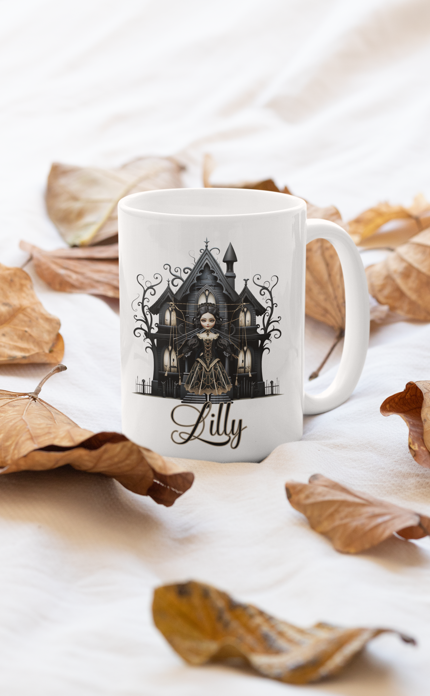 Gothic doll with haunted house coffee mug