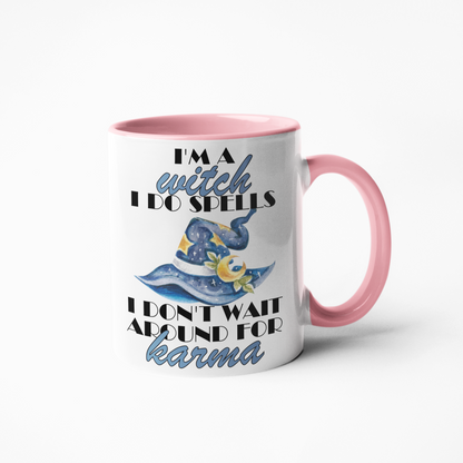 Make a statement with this "I'm a witch I do spells I don't wait around for karma" mug! Take charge and make things happen with this powerful reminder that you don't need to wait for karma - you can conjure it up yourself! Dare to be bold and break the status quo.