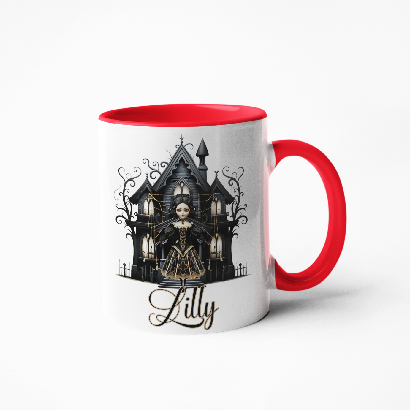 Gothic doll with haunted house coffee mug