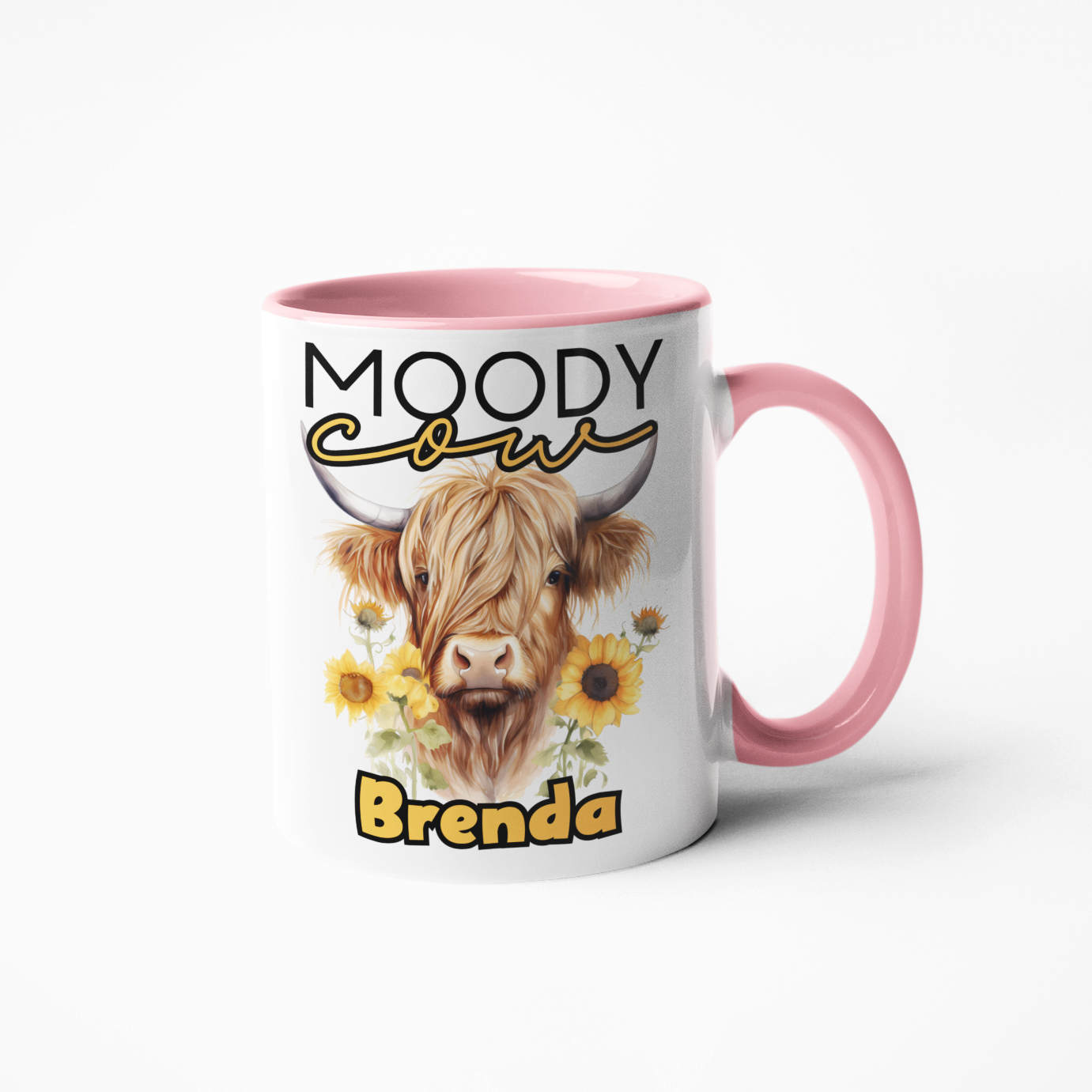 moody highland cow personalised mug with any name gift for birthday or Christmas pink