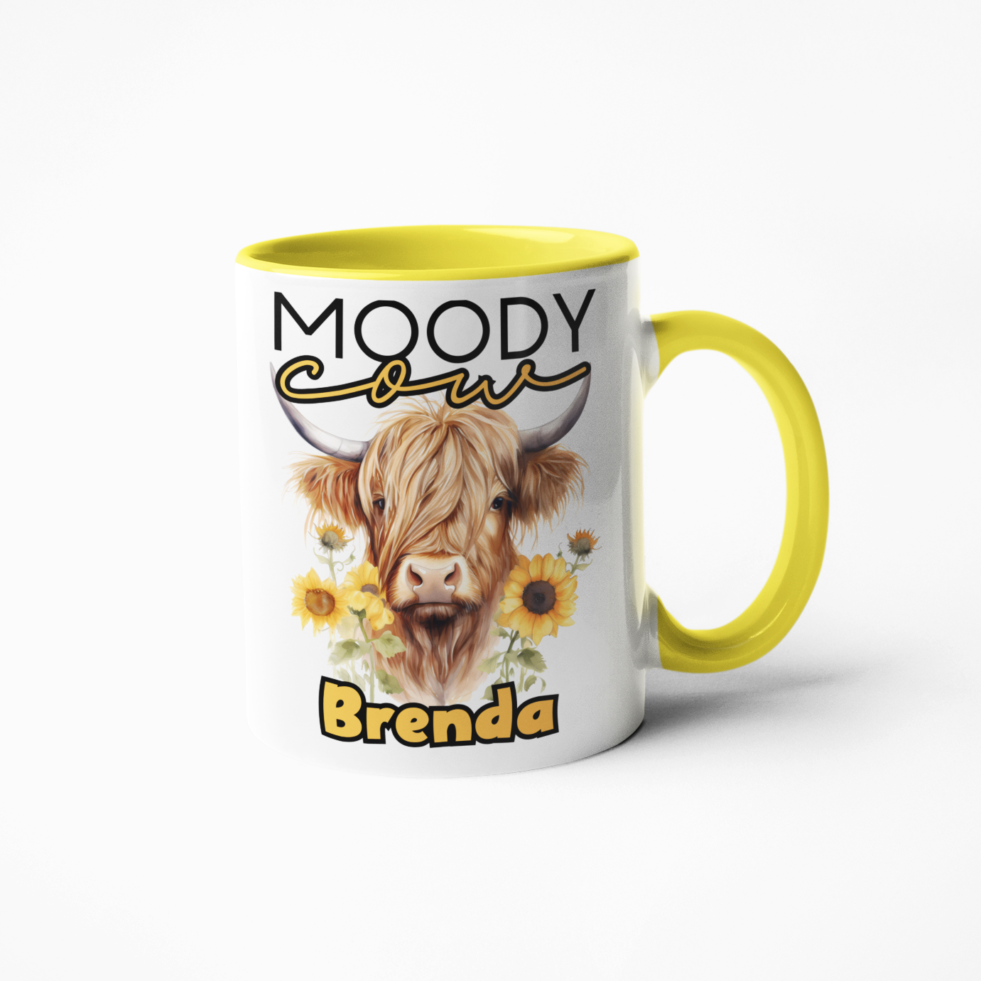 moody highland cow personalised mug with any name gift for birthday or Christmas yellow cup