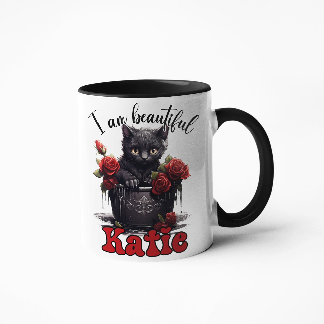 I am beautiful cat roses gothic style mug