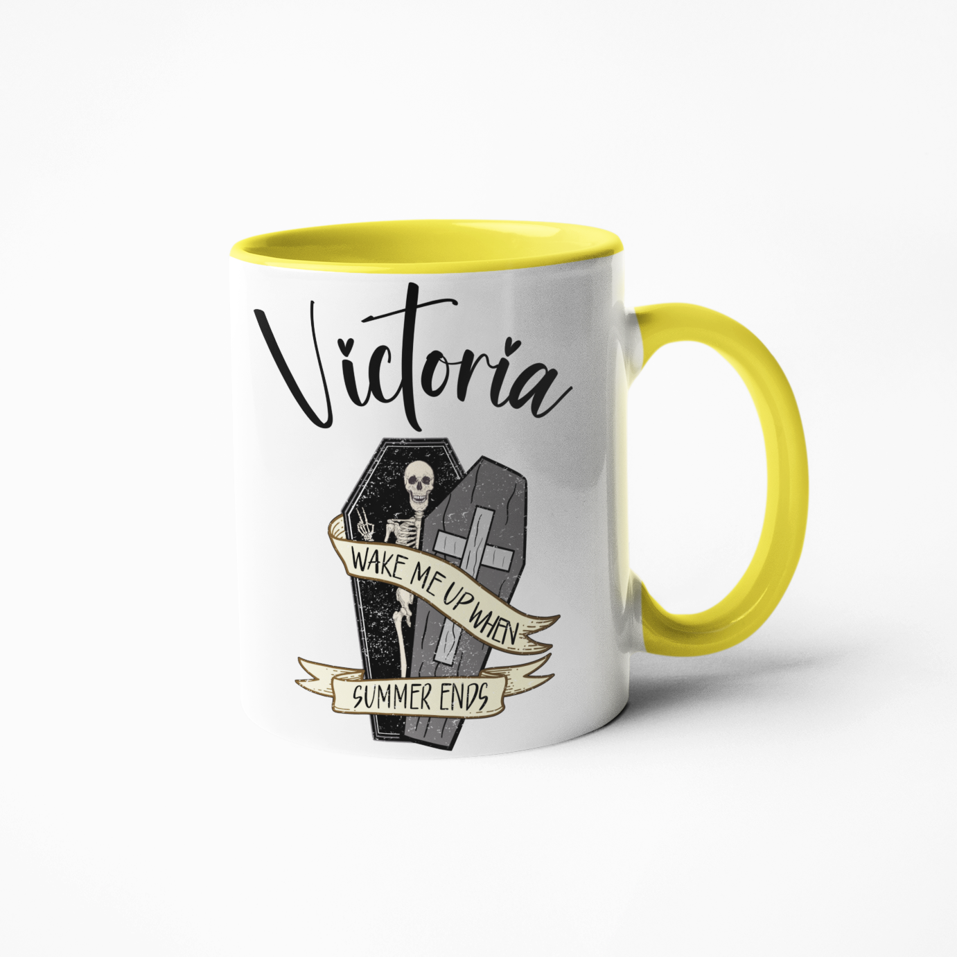 Wake me up summer ends skeleton in coffin any name personalised 11oz mug or 15oz cup